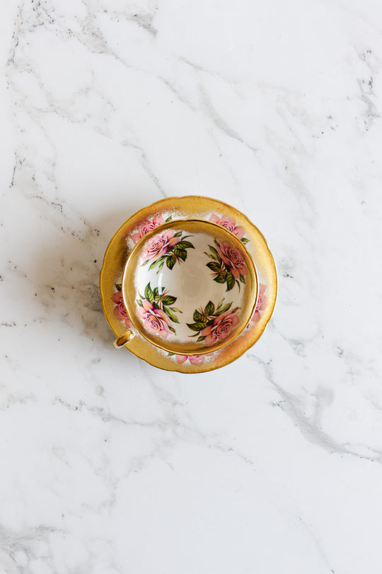 rare collectible midcentury paragon pink cabbage rose teacup and saucer