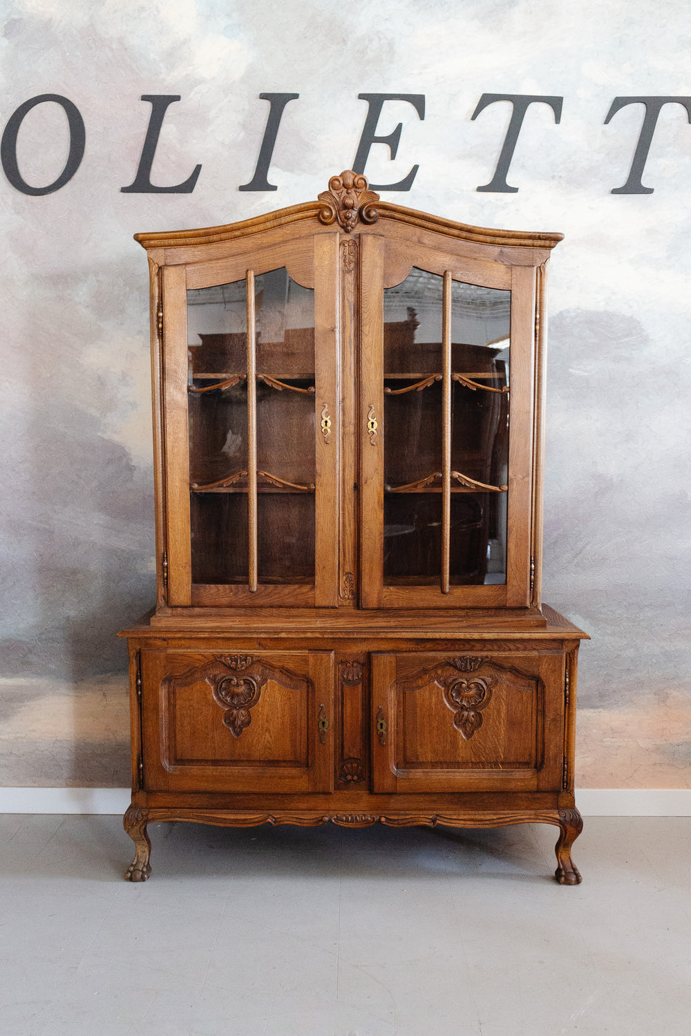 1930s French Rococo style oak china cabinet