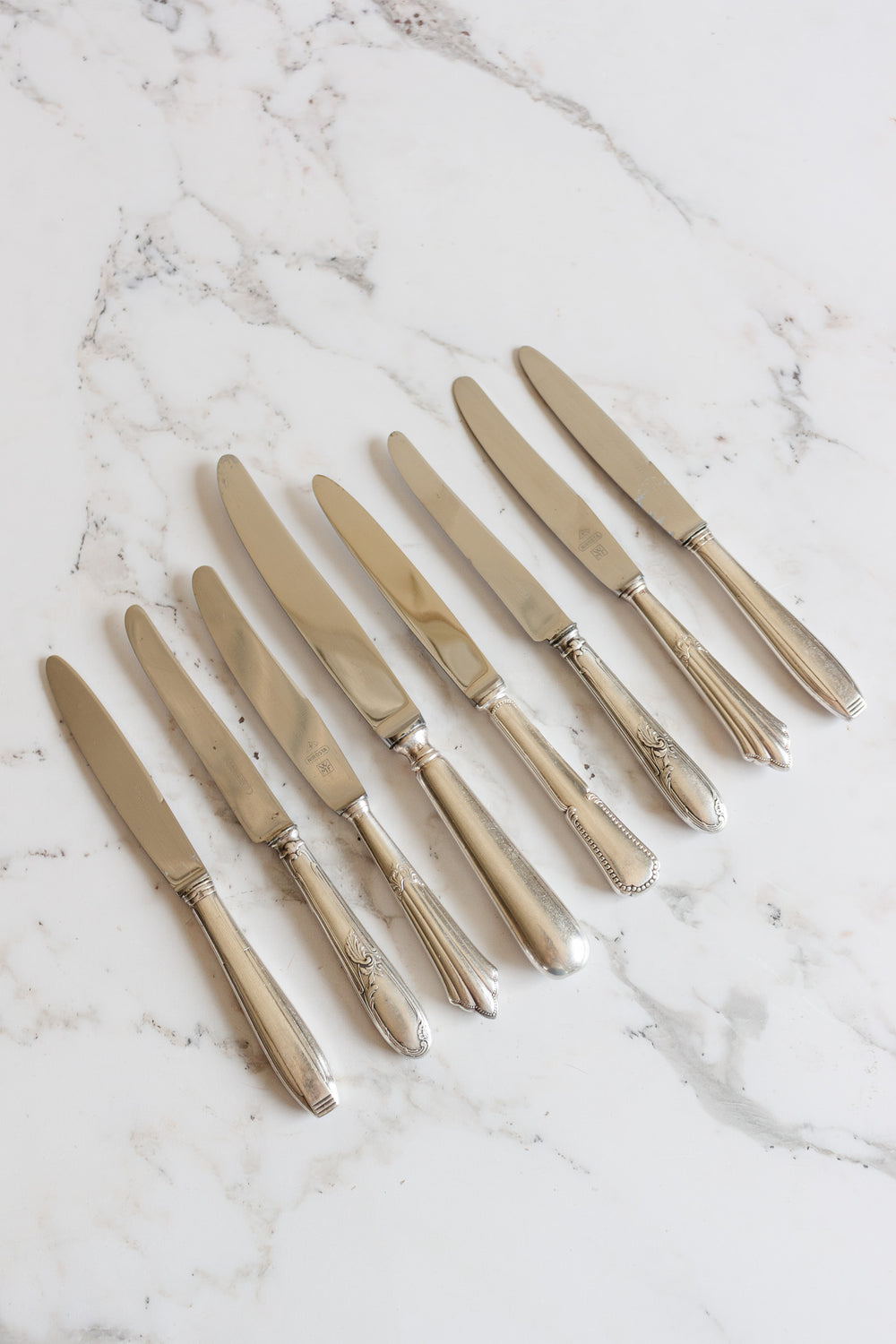 vintage French silver plate knives, eclectic set of 8