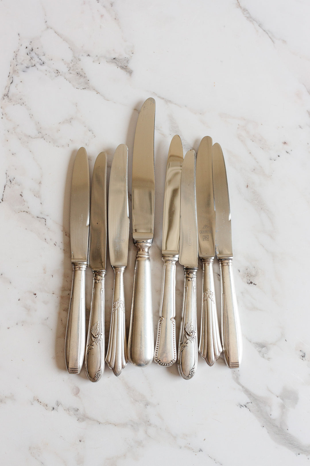 vintage French silver plate knives, eclectic set of 8