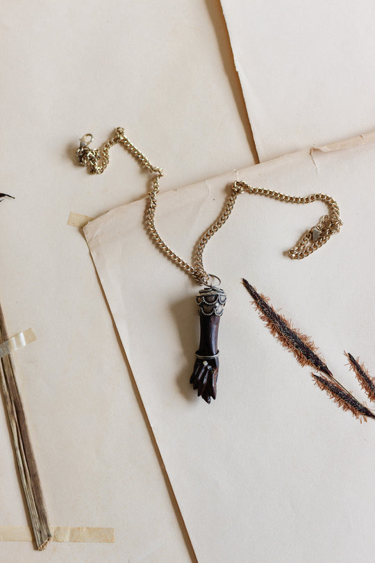 antique figa silver and wood amulet pendant