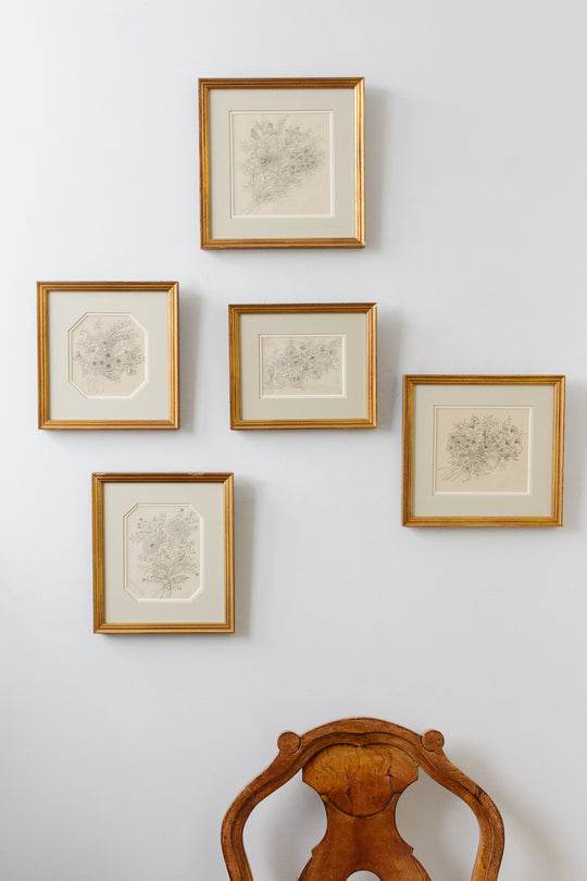 1948 hand drawn floral charcoal on paper in gilt frame