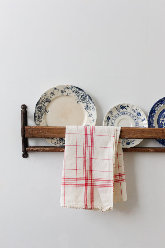 vintage european rustic wood and cast iron plate rack