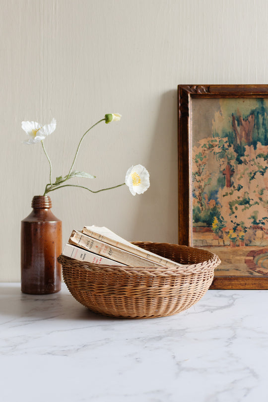 vintage french woven wicker round basket