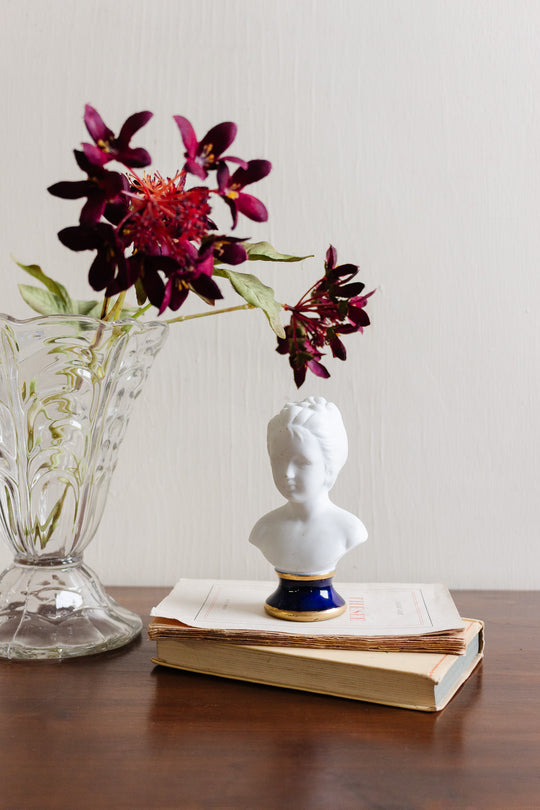 vintage french porcelain bust with blue pedestal