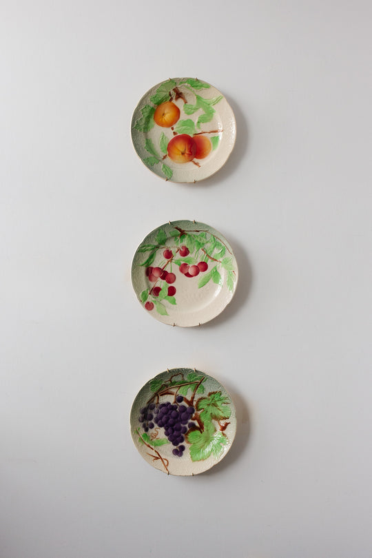 turn of the century french st. clement majolica fruit plates, set of 3