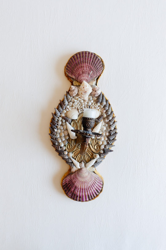 vintage french single candle shell sconce with velvet backing