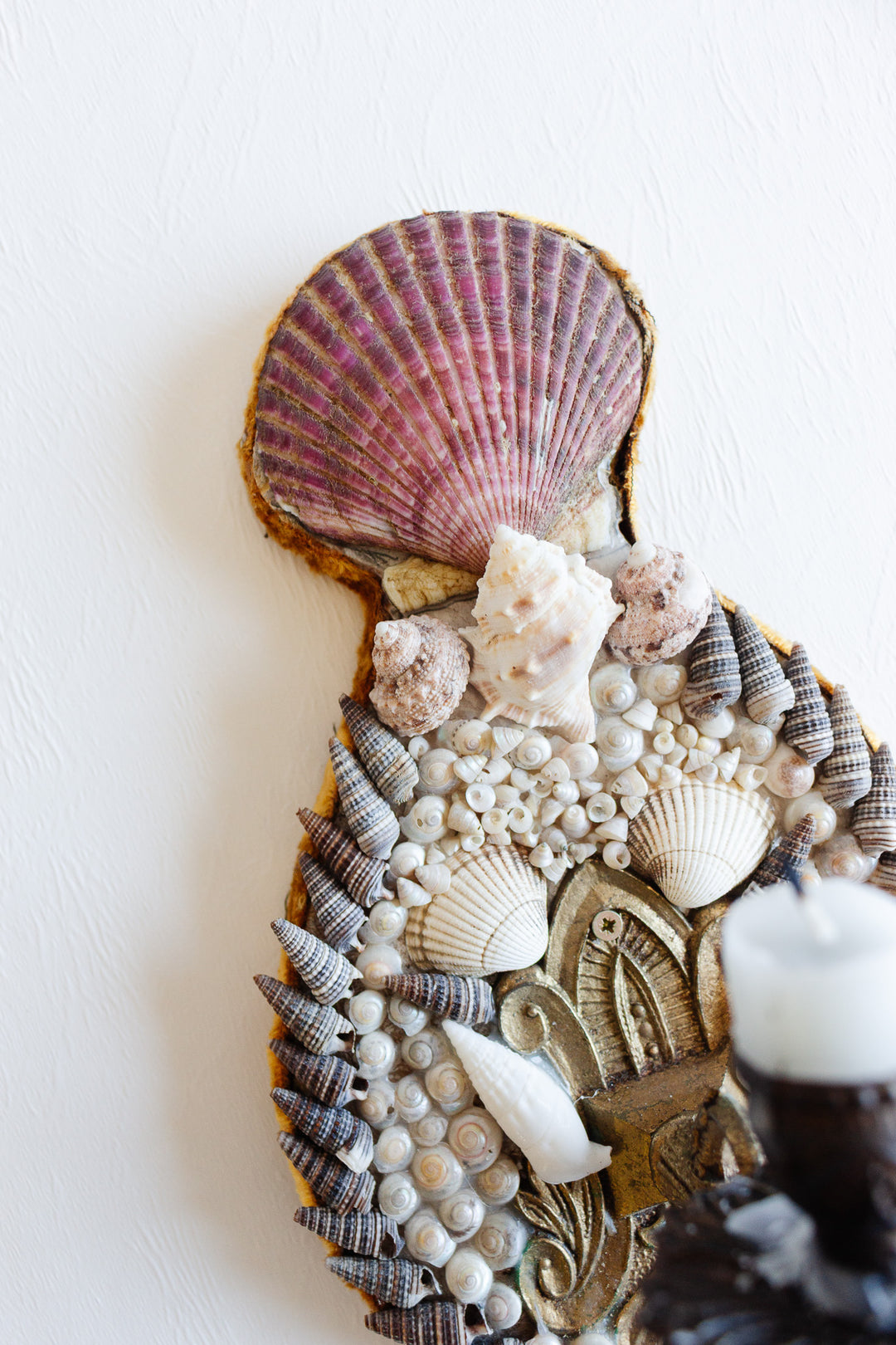 vintage french single candle shell sconce with velvet backing