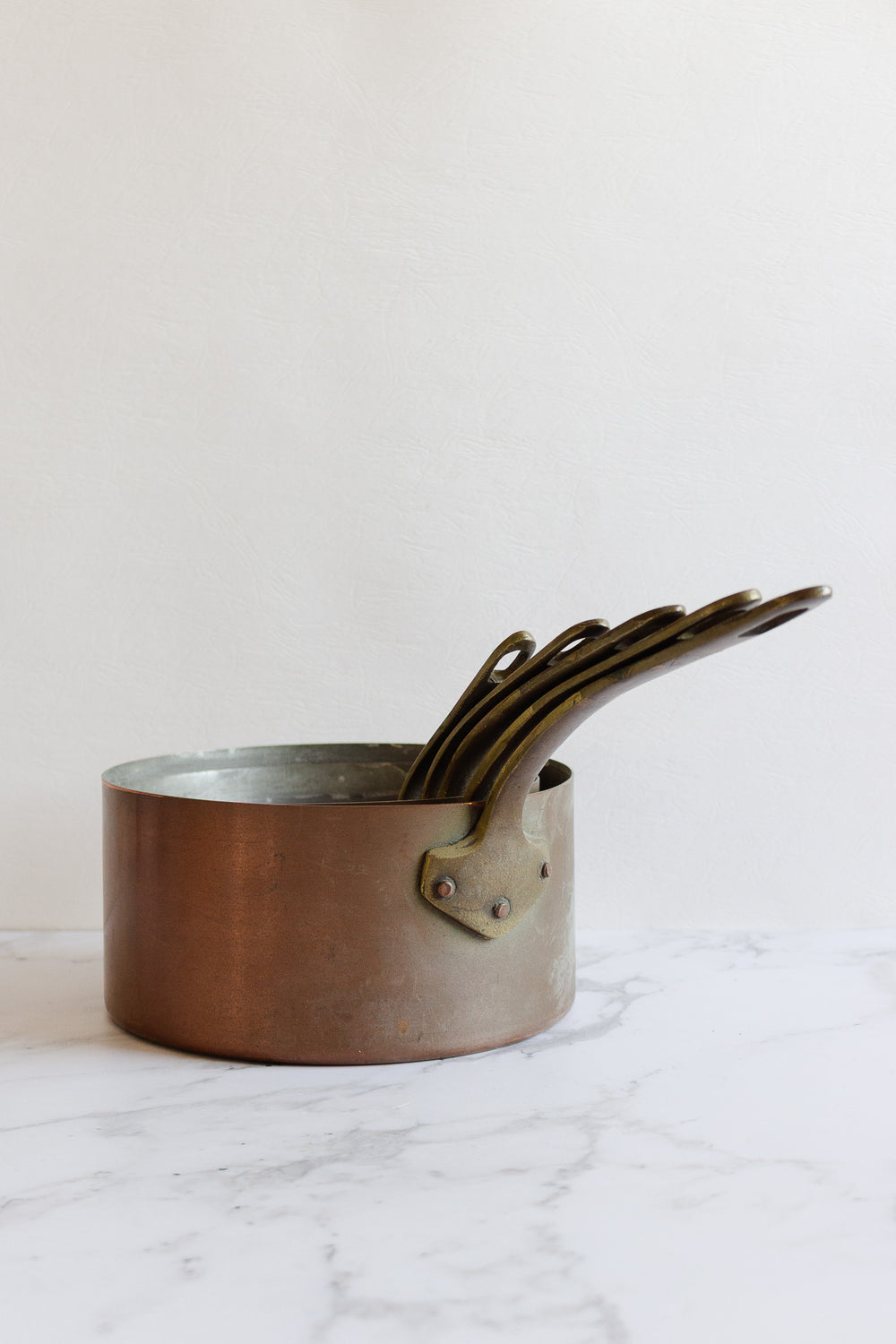 set of 5 vintage french graduated copper pots