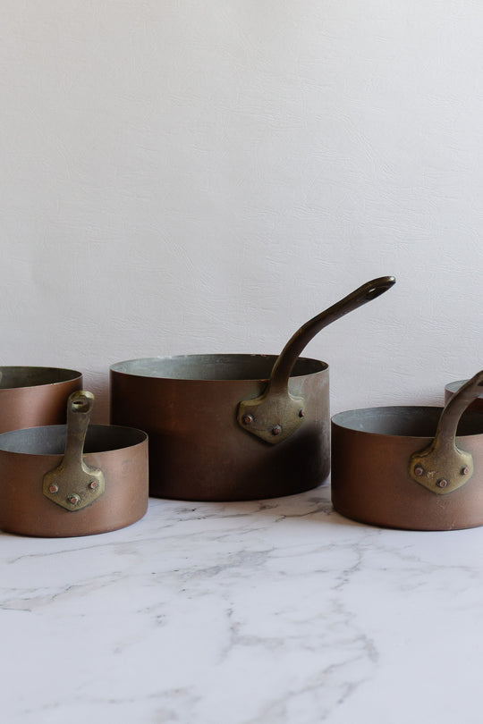 set of 5 vintage french graduated copper pots