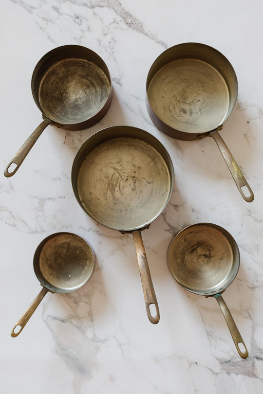 set of 5 vintage french graduated copper pots