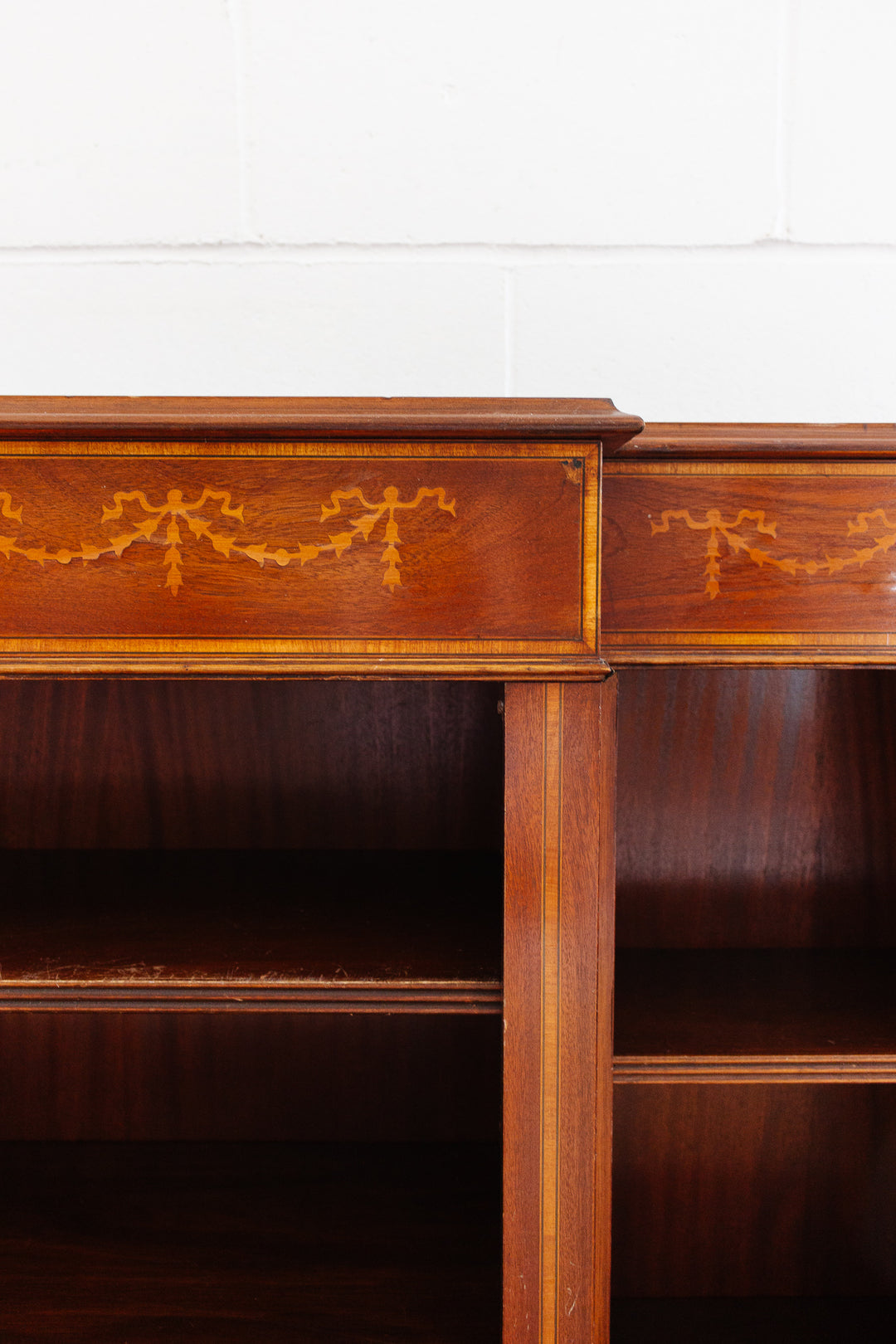 vintage English regency open bookcase with inlay