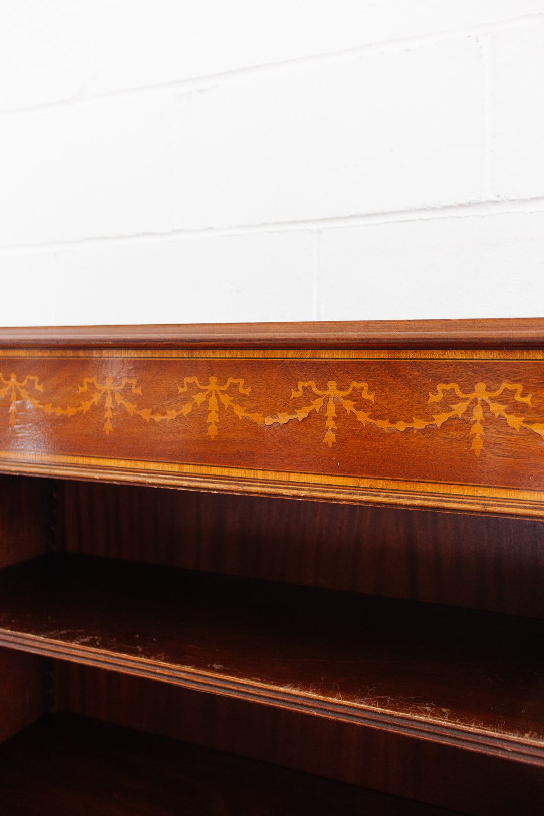 vintage English regency open bookcase with inlay