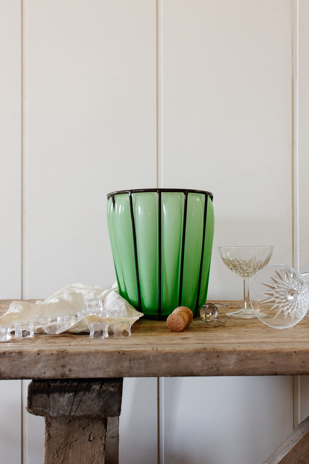 vintage french blown glass caged bucket