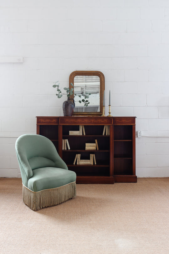 vintage English regency open bookcase with inlay