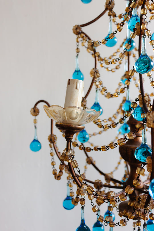 1920s French gilt chandelier with Murano glass drops