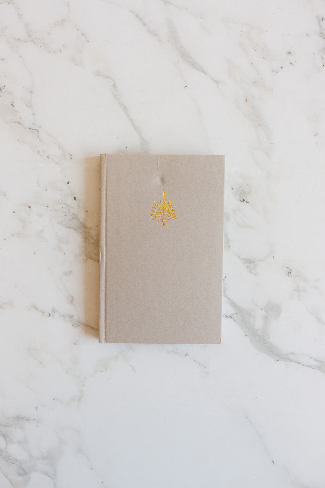 A hardcover beige book with a small gold design centered on the cover, featuring refined proportions, is displayed on a white marble surface.