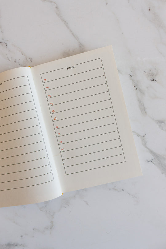 Open book displaying a weekly planner for January on a white marble surface, featuring lined spaces for dates 18–30 and defined sections for each day's entry.