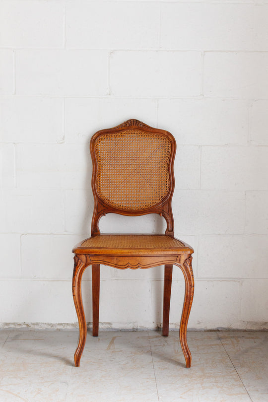 vintage French Louis XV walnut and cane dining chairs, set of 5