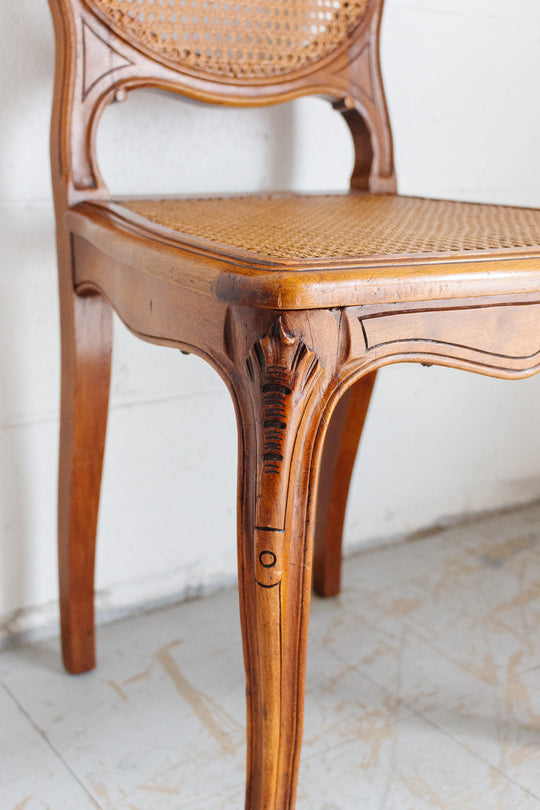 vintage French Louis XV walnut and cane dining chairs, set of 5