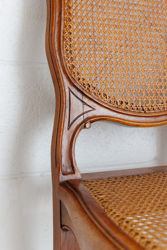 vintage French Louis XV walnut and cane dining chairs, set of 5