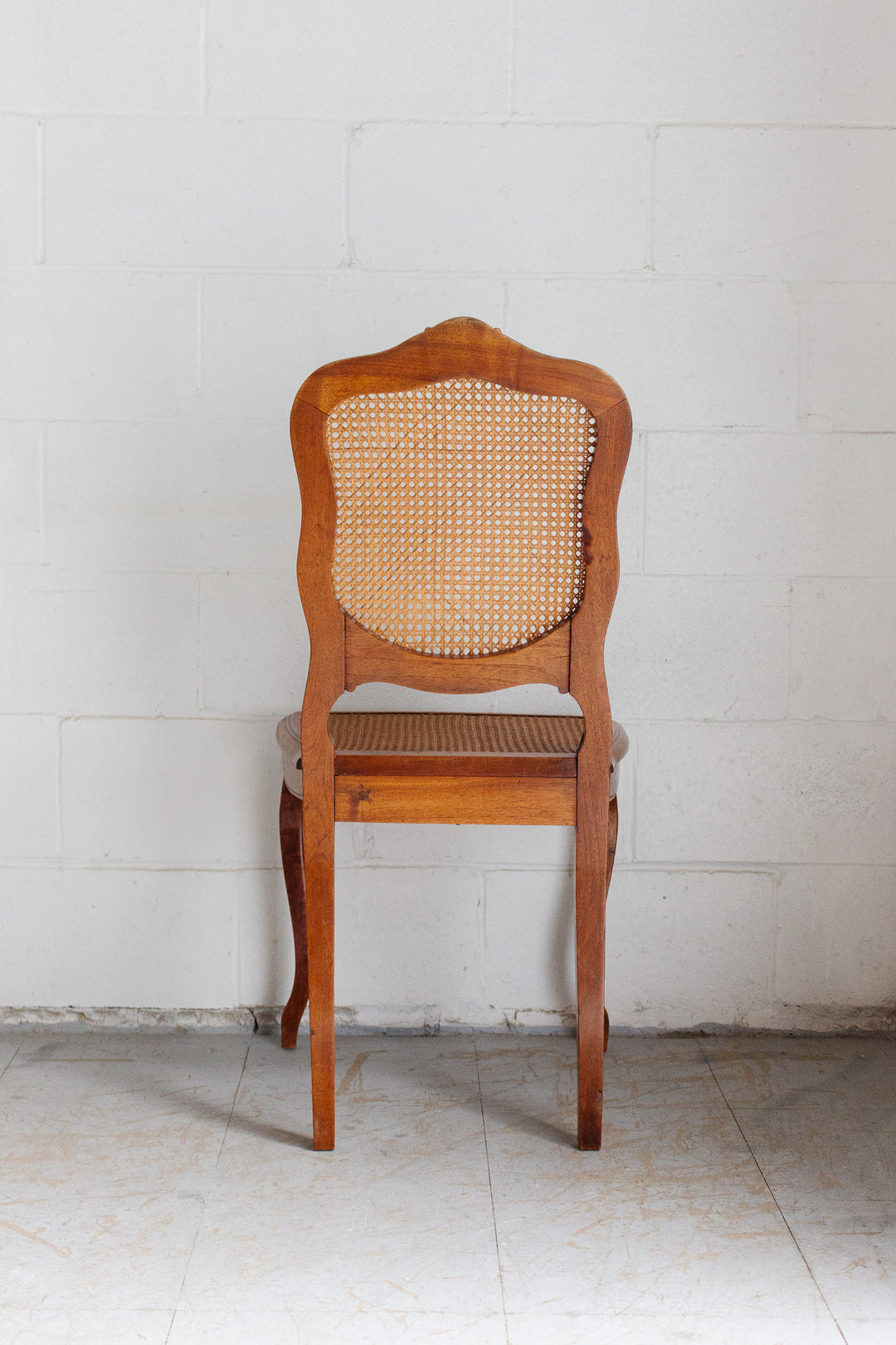 vintage French Louis XV walnut and cane dining chairs, set of 5