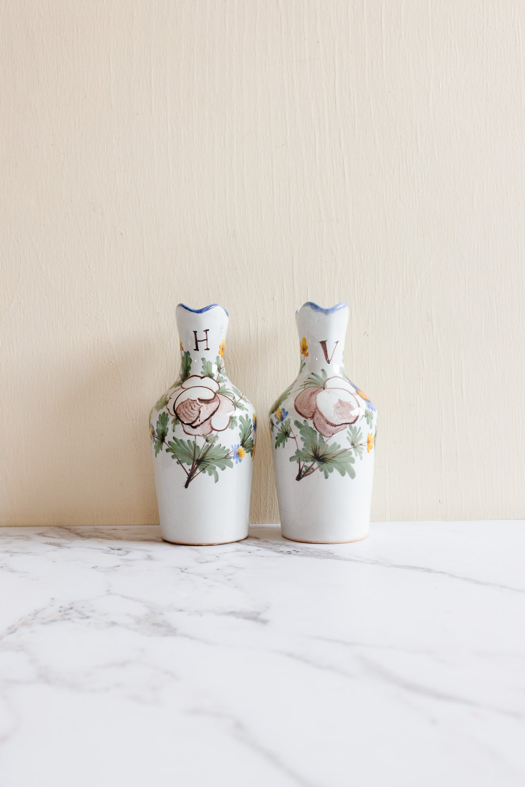 antique French Saint Clément pottery oil and vinegar cruet set