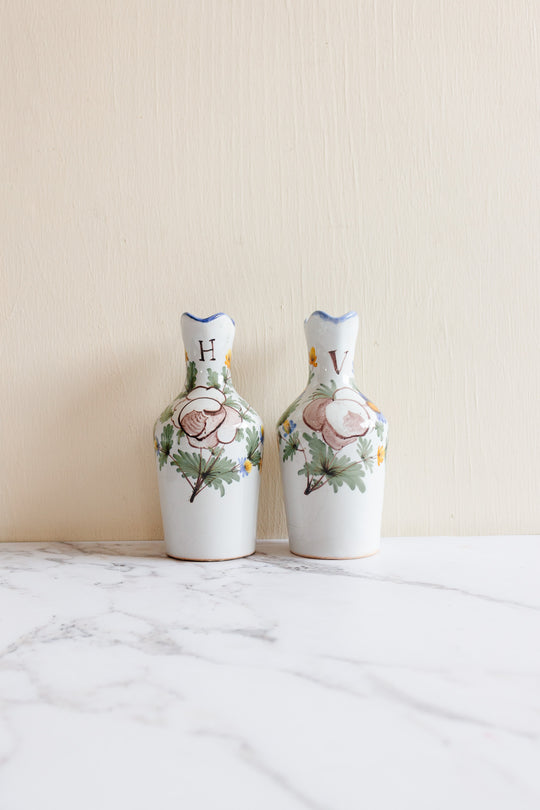 antique French Saint Clément pottery oil and vinegar cruet set