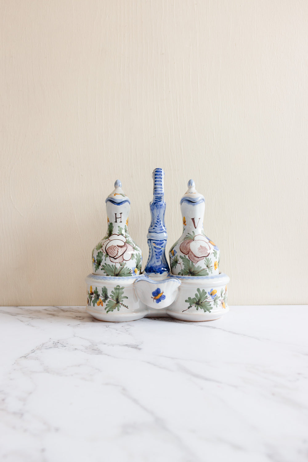 antique French Saint Clément pottery oil and vinegar cruet set