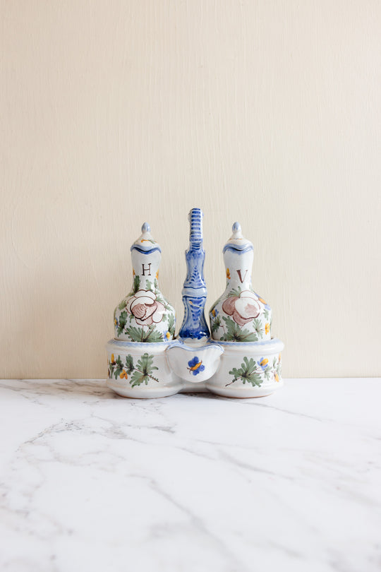 antique French Saint Clément pottery oil and vinegar cruet set