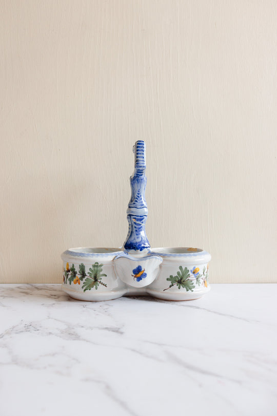 antique French Saint Clément pottery oil and vinegar cruet set