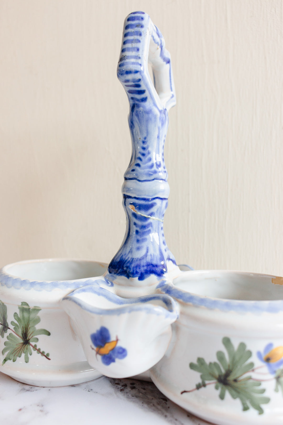 antique French Saint Clément pottery oil and vinegar cruet set