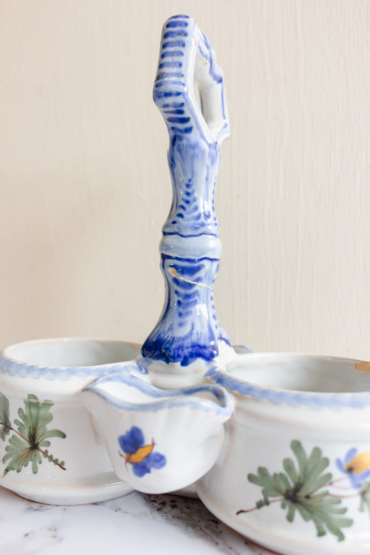 antique French Saint Clément pottery oil and vinegar cruet set