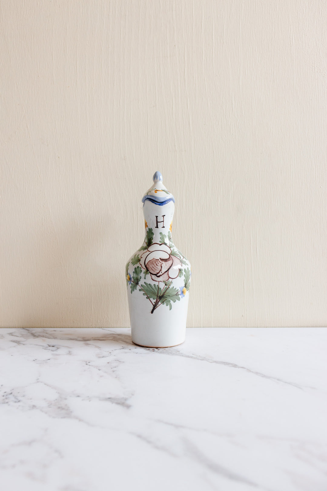 antique French Saint Clément pottery oil and vinegar cruet set