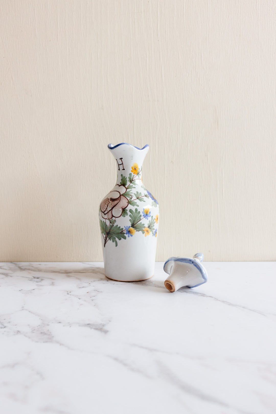 antique French Saint Clément pottery oil and vinegar cruet set