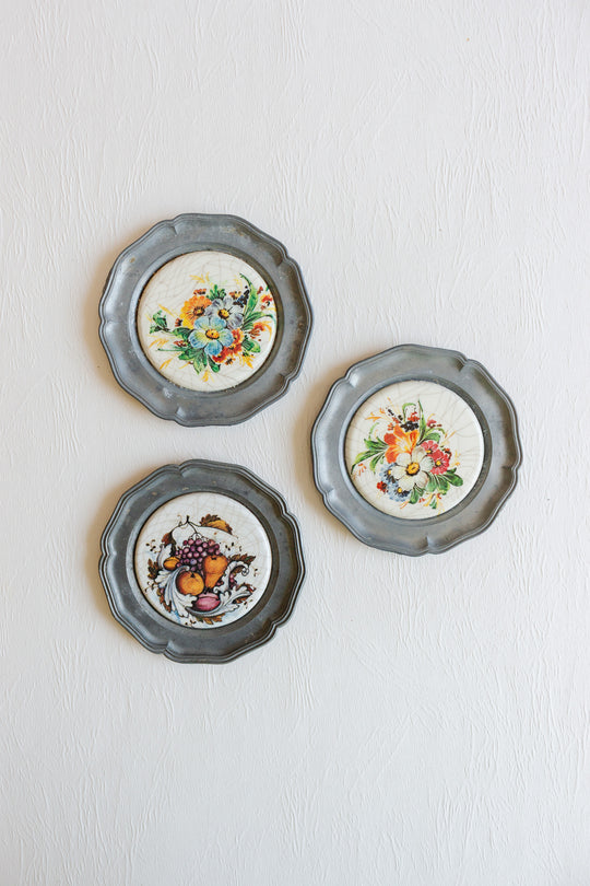 set of 6 vintage german porcelain and pewter bottle coasters