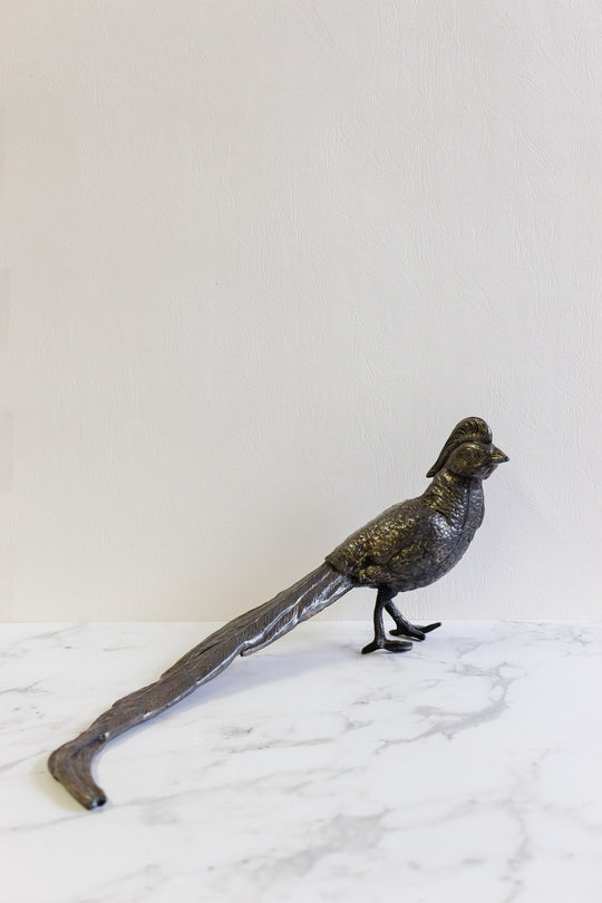 vintage french pair of large nickel-plated brass pheasants