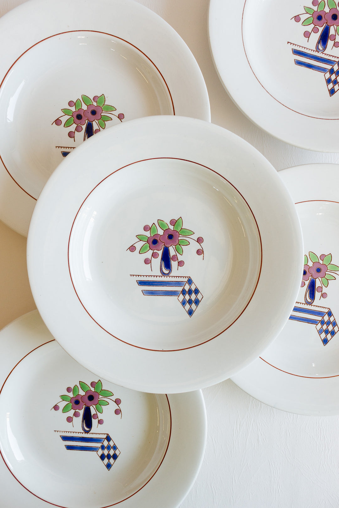 1920s longwy "colette" set of 5 shallow bowls