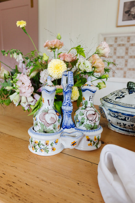 antique French Saint Clément pottery oil and vinegar cruet set