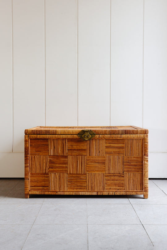 midcentury parquet pencil reed trunk with brass hardware