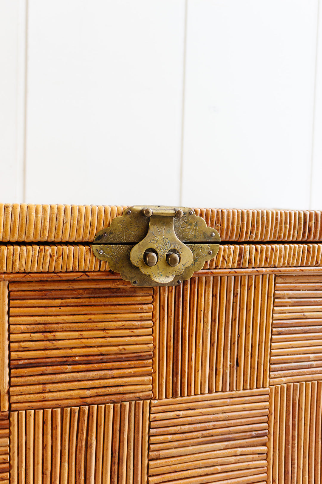 midcentury parquet pencil reed trunk with brass hardware