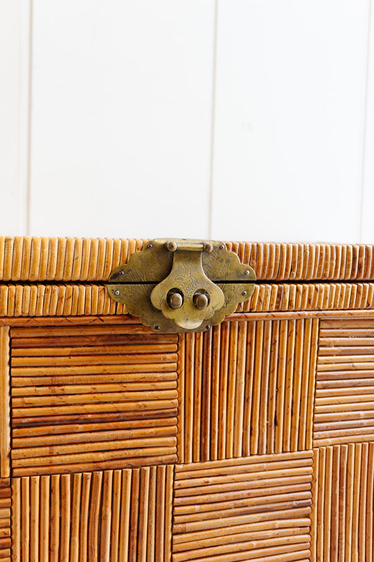 midcentury parquet pencil reed trunk with brass hardware