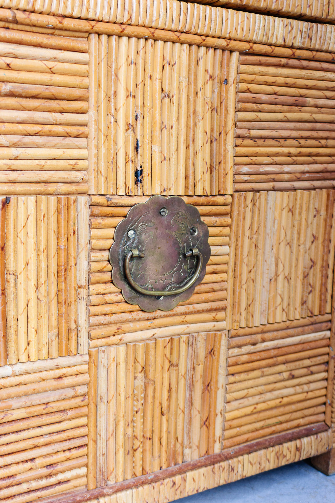 midcentury parquet pencil reed trunk with brass hardware