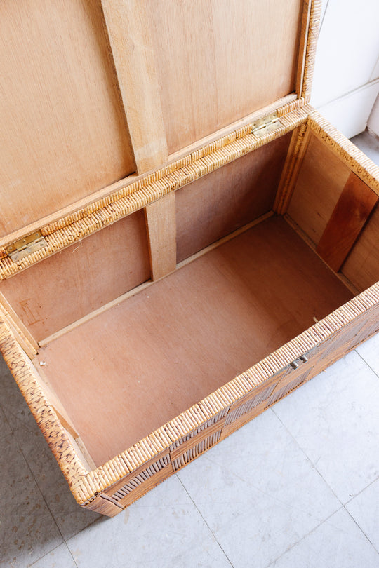 midcentury parquet pencil reed trunk with brass hardware
