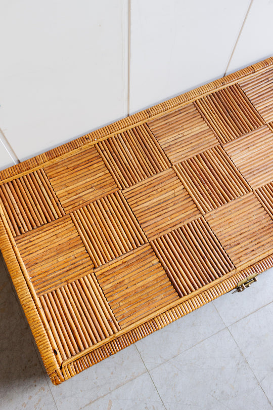 midcentury parquet pencil reed trunk with brass hardware