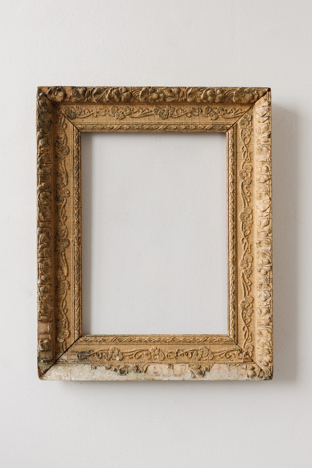 vintage french time worn wood and gesso gilt frame