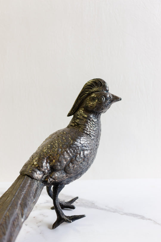 vintage french pair of large nickel-plated brass pheasants