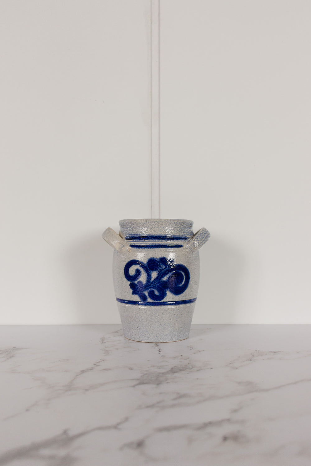 German salt glazed pottery vessel with cobalt blue pattern
