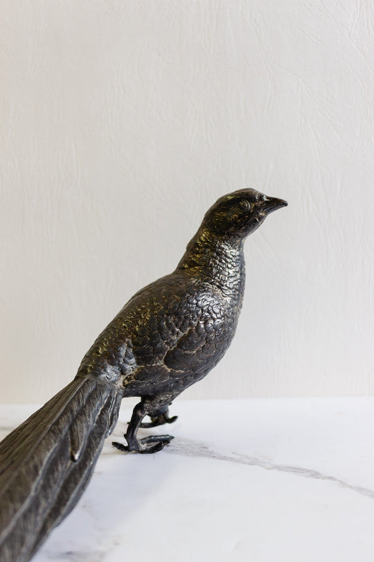 vintage french pair of large nickel-plated brass pheasants