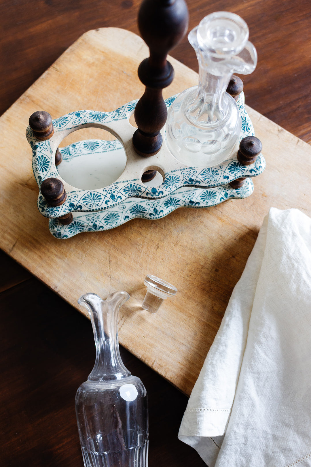 antique french transferware and turned wood oil and vinegar set